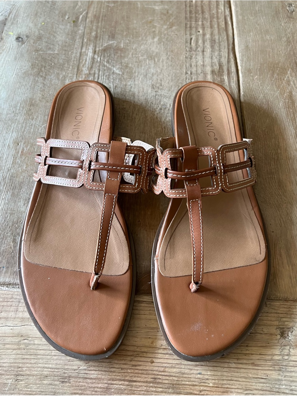 Vionic Tan Brown T-Strap Leather Slide Sandals - Picture 2 of 11